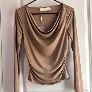 Chic Tan Cowl Neck Blouse